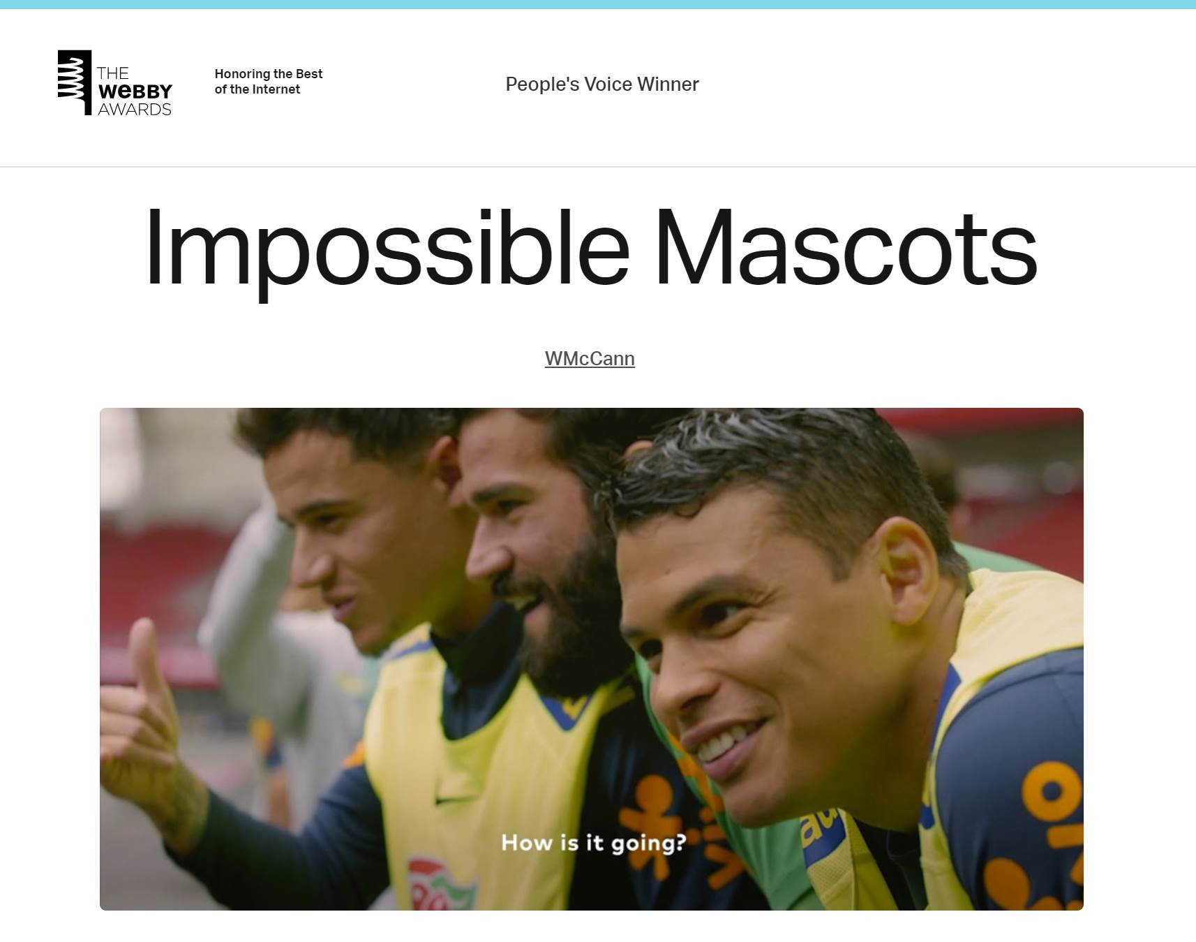 Foto do site do prêmio "The Webby Awards", com os dizeres "People's Voice Winner", "Impossible Mascots", e a imagem dos jogadores da seleção brasileira durante a ação realizada no jogo amistoso.