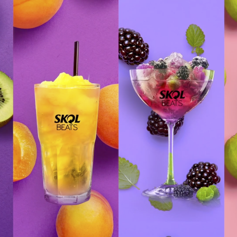 Imagem com 4 drinks de Skol Beats, com fundos coloridos e frutas.