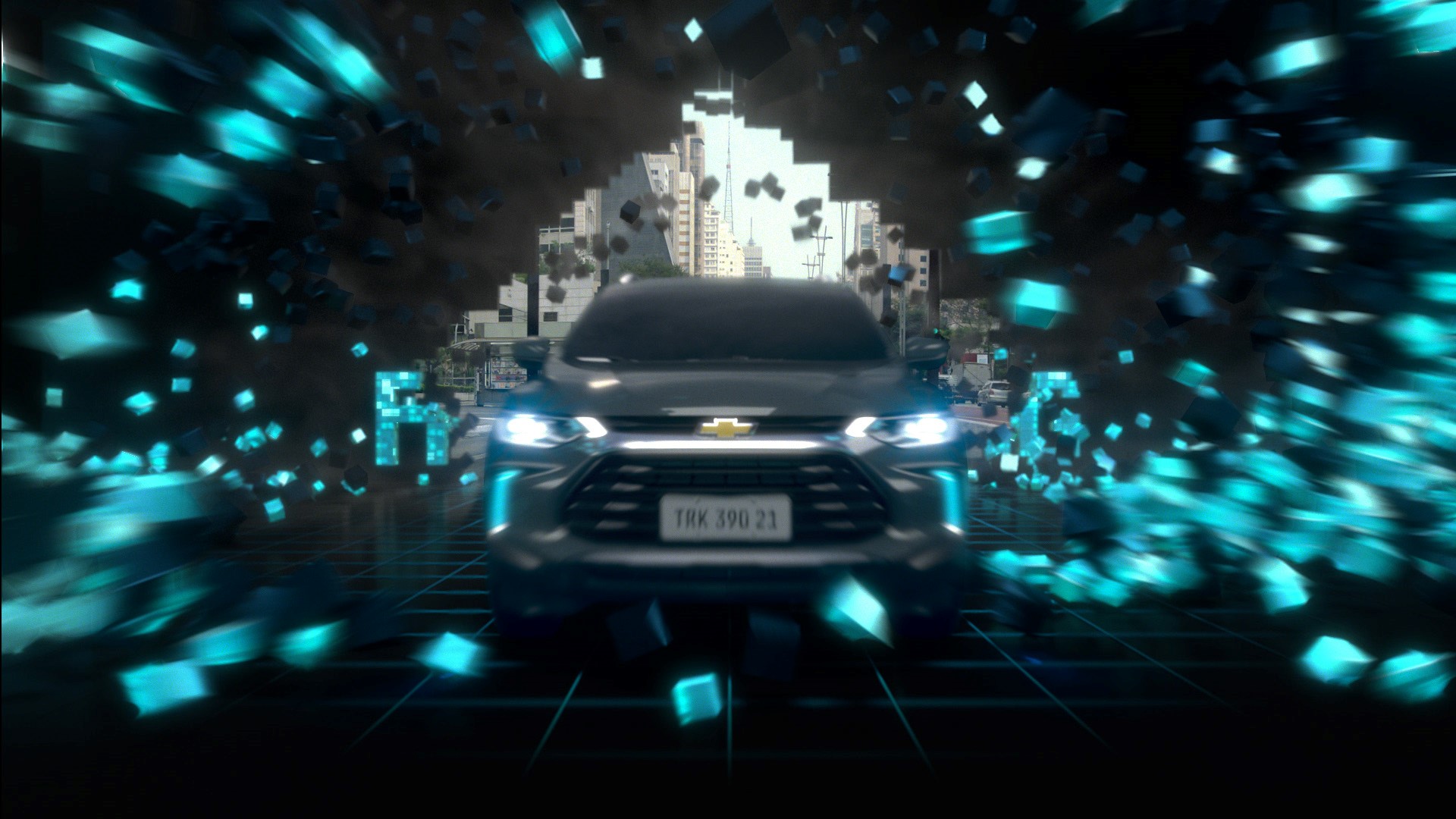 Na imagem, o Novo Chevrolet Tracker aparece como se estivesse saindo de um jogo de vídeo game